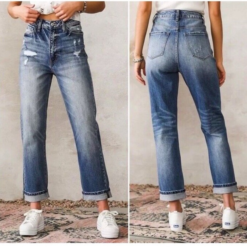 KanCan Jeans Ultra High Rise Denim Baggy Fit Distressed Cotton Stretch 34 EUC